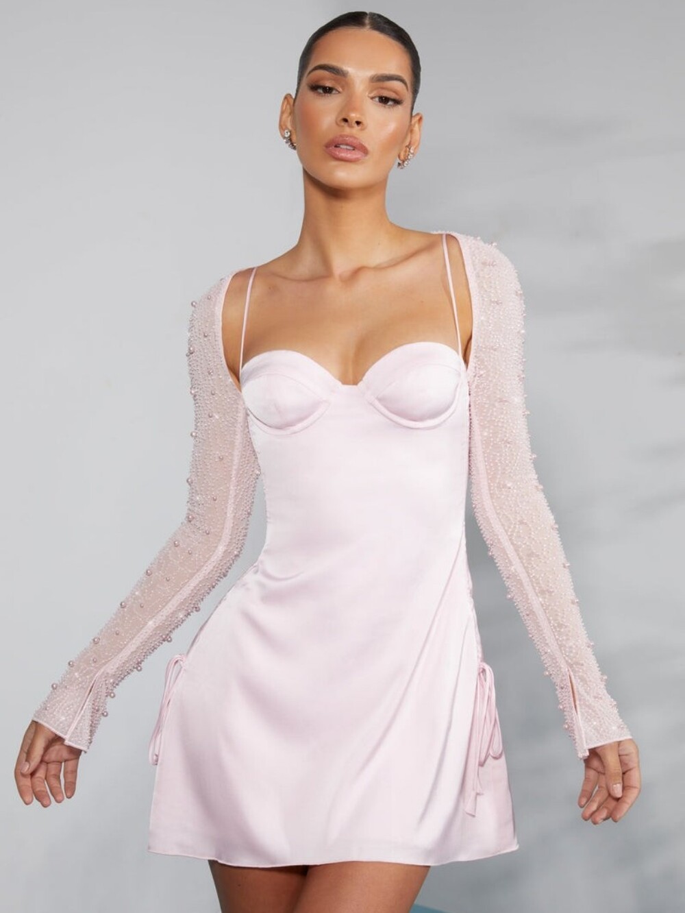 Oh Polly Geneva Long Sleeve Embellished A-line Mini Dress in Blush Pink Size 2 - Picture 3 of 16